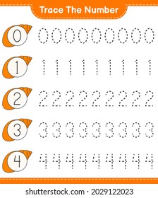 Trace the number. Tracing number with Sea Shells. Educational children game, printable worksheet, vector illustration