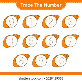 Trace the number. Tracing number with Sea Shells. Educational children game, printable worksheet, vector illustration