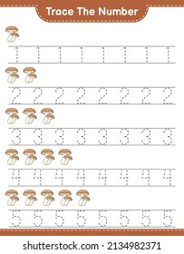 Rastrear el número. Número de seguimiento con Shiitake. Juego infantil educativo, hoja de cálculo imprimible, ilustración vectorial