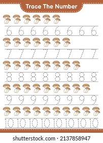 Trace the number. Tracing number with Shiitake. Educational children game, printable worksheet, vector illustration
