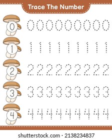 Rastrear el número. Número de seguimiento con Shiitake. Juego infantil educativo, hoja de cálculo imprimible, ilustración vectorial