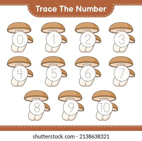 Rastrear el número. Número de seguimiento con Shiitake. Juego infantil educativo, hoja de cálculo imprimible, ilustración vectorial