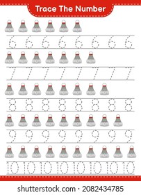 Trace the number. Tracing number with Shuttlecock. Educational children game, printable worksheet, vector illustration