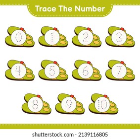 Rastrear el número. Número de seguimiento con Zapatillas. Juego infantil educativo, hoja de cálculo imprimible, ilustración vectorial