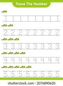 Trace the number. Tracing number with Sneaker. Educational children game, printable worksheet, vector illustration