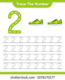 Trace the number. Tracing number with Sneaker. Educational children game, printable worksheet, vector illustration