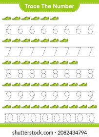 Trace the number. Tracing number with Sneaker. Educational children game, printable worksheet, vector illustration