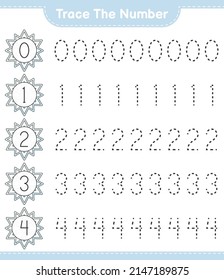 Trace the number. Tracing number with Snowflake. Educational children game, printable worksheet, vector illustration