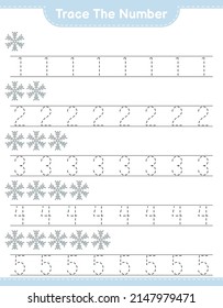 Trace the number. Tracing number with Snowflake. Educational children game, printable worksheet, vector illustration