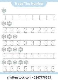 Rastrear el número. Número de seguimiento con copo de nieve. Juego infantil educativo, hoja de cálculo imprimible, ilustración vectorial