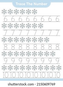 Trace the number. Tracing number with Snowflake. Educational children game, printable worksheet, vector illustration