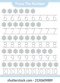 Trace the number. Tracing number with Snowflake. Educational children game, printable worksheet, vector illustration