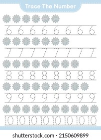 Trace the number. Tracing number with Snowflake. Educational children game, printable worksheet, vector illustration