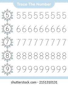 Trace the number. Tracing number with Snowflake. Educational children game, printable worksheet, vector illustration