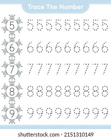 Rastrear el número. Número de seguimiento con copo de nieve. Juego infantil educativo, hoja de cálculo imprimible, ilustración vectorial