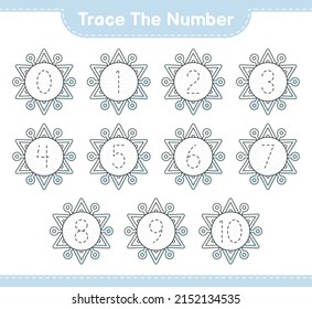 Trace the number. Tracing number with Snowflake. Educational children game, printable worksheet, vector illustration