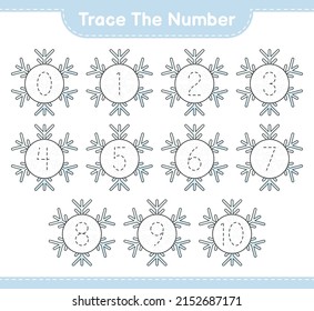 Trace the number. Tracing number with Snowflake. Educational children game, printable worksheet, vector illustration