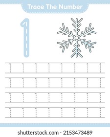 Trace the number. Tracing number with Snowflake. Educational children game, printable worksheet, vector illustration