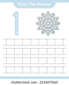 Trace the number. Tracing number with Snowflake. Educational children game, printable worksheet, vector illustration