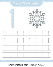Rastrear el número. Número de seguimiento con copo de nieve. Juego infantil educativo, hoja de cálculo imprimible, ilustración vectorial