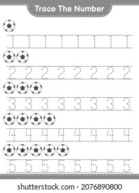 Trace the number. Tracing number with Soccer Ball. Educational children game, printable worksheet, vector illustration
