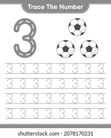 Tragen Sie die Nummer ein. Kennnummer mit Fußball-Ball. Kinderspiel, druckbares Arbeitsblatt, Vektorgrafik
