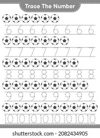 Rastrear el número. Número de seguimiento con Soccer Ball. Juego infantil educativo, hoja de cálculo imprimible, ilustración vectorial
