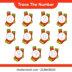 Rastrear el número. Número de seguimiento con Socks. Juego infantil educativo, hoja de cálculo imprimible, ilustración vectorial