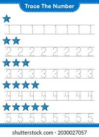 Rastrear el número. Número de seguimiento con Starfish. Juego infantil educativo, hoja de cálculo imprimible, ilustración vectorial