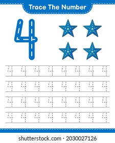 Trace the number. Tracing number with Starfish. Educational children game, printable worksheet, vector illustration