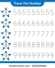 Trace the number. Tracing number with Starfish. Educational children game, printable worksheet, vector illustration
