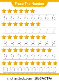 Trace the number. Tracing number with Stars. Educational children game, printable worksheet, vector illustration