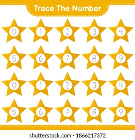 Trace the number. Tracing number with Stars. Educational children game, printable worksheet, vector illustration
