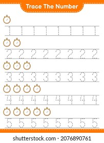 Trace the number. Tracing number with Stopwatch. Educational children game, printable worksheet, vector illustration