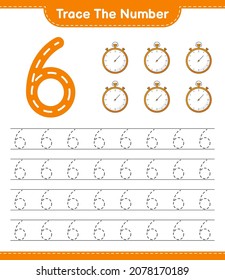 Trace the number. Tracing number with Stopwatch. Educational children game, printable worksheet, vector illustration