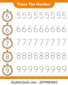 Trace the number. Tracing number with Stopwatch. Educational children game, printable worksheet, vector illustration