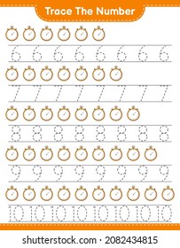 Trace the number. Tracing number with Stopwatch. Educational children game, printable worksheet, vector illustration