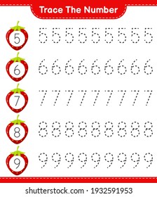 Trace the number. Tracing number with Strawberry. Educational children game, printable worksheet, vector illustration