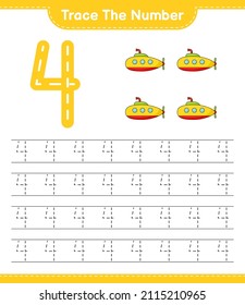 Trace the number. Tracing number with Submarine. Educational children game, printable worksheet, vector illustration