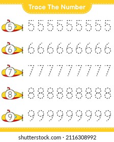 Trace the number. Tracing number with Submarine. Educational children game, printable worksheet, vector illustration