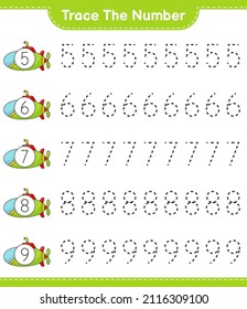 Trace the number. Tracing number with Submarine. Educational children game, printable worksheet, vector illustration