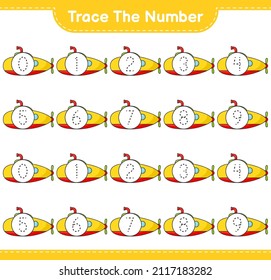Trace the number. Tracing number with Submarine. Educational children game, printable worksheet, vector illustration