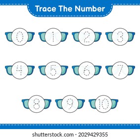 Rastrear el número. Número de seguimiento con gafas de sol. Juego infantil educativo, hoja de cálculo imprimible, ilustración vectorial