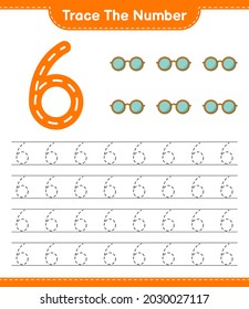 Trace the number. Tracing number with Sunglasses. Educational children game, printable worksheet, vector illustration