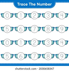Rastrear el número. Número de seguimiento con gafas de sol. Juego infantil educativo, hoja de cálculo imprimible, ilustración vectorial