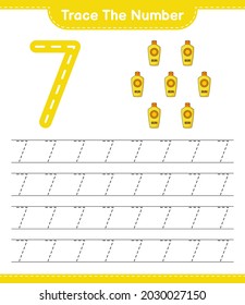 Trace the number. Tracing number with Sunscreen. Educational children game, printable worksheet, vector illustration