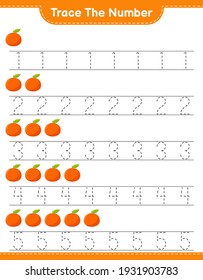 Trace the number. Tracing number with Tangerin. Educational children game, printable worksheet, vector illustration