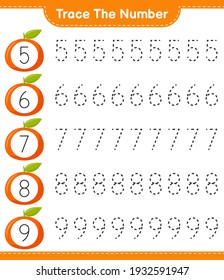 Trace the number. Tracing number with Tangerin. Educational children game, printable worksheet, vector illustration