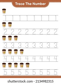 Trace the number. Tracing number with Tea Cup. Educational children game, printable worksheet, vector illustration