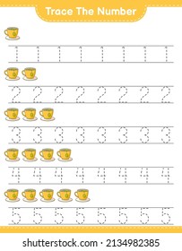 Trace the number. Tracing number with Tea Cup. Educational children game, printable worksheet, vector illustration